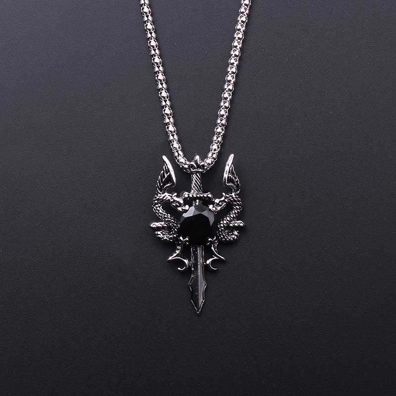 Men Accessories Necklace - Double Dragon Black Gem Cross Necklace